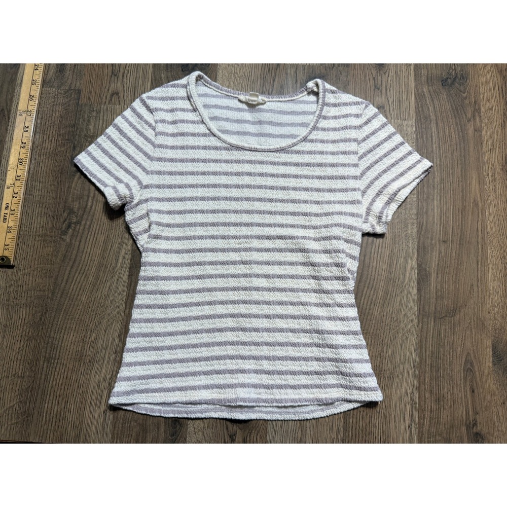 See You Monday Shirts Women Size XL White Purple T-Shirt Striped Short Sleeve